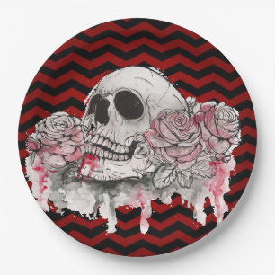 9" Round Paper Plate skull Rose goth Chevron black