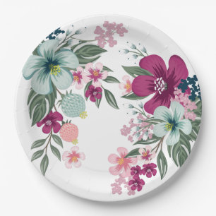 9" Round Paper Plate Tropical Flower on White