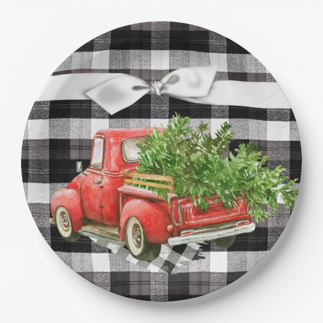9" Round Paper Plate XMAS Truck Christmas Buffalo (Front)