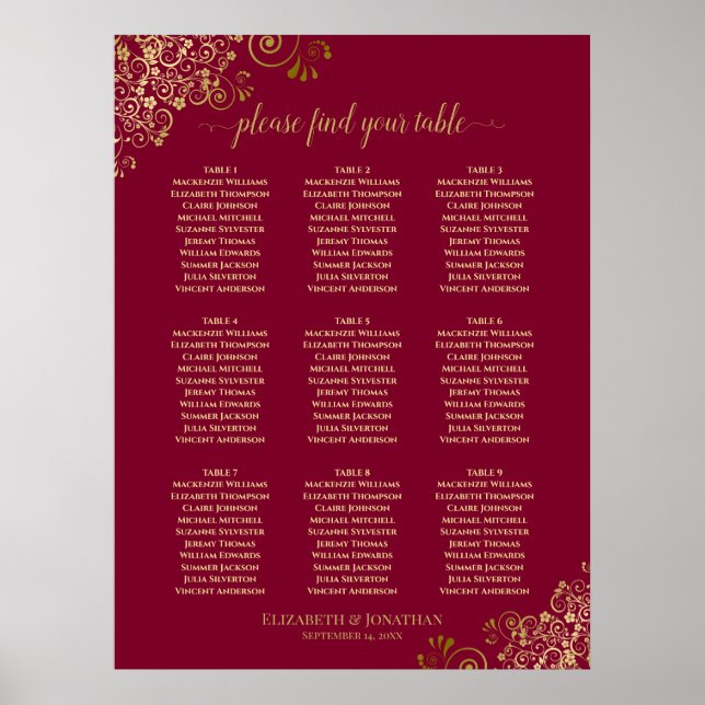 9 Table Elegant Burgundy & Gold Lace Seating Chart (Front)