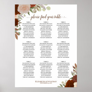 9 Table Rust Orange Roses Wedding Seating Chart