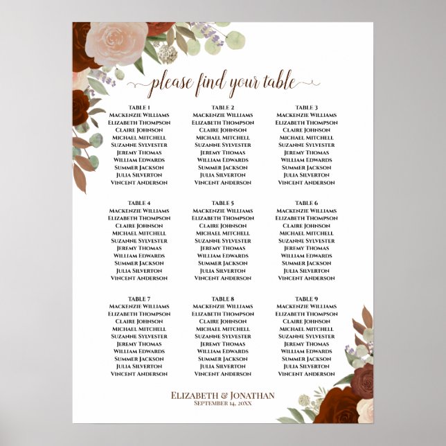 9 Table Rust Orange Roses Wedding Seating Chart (Front)