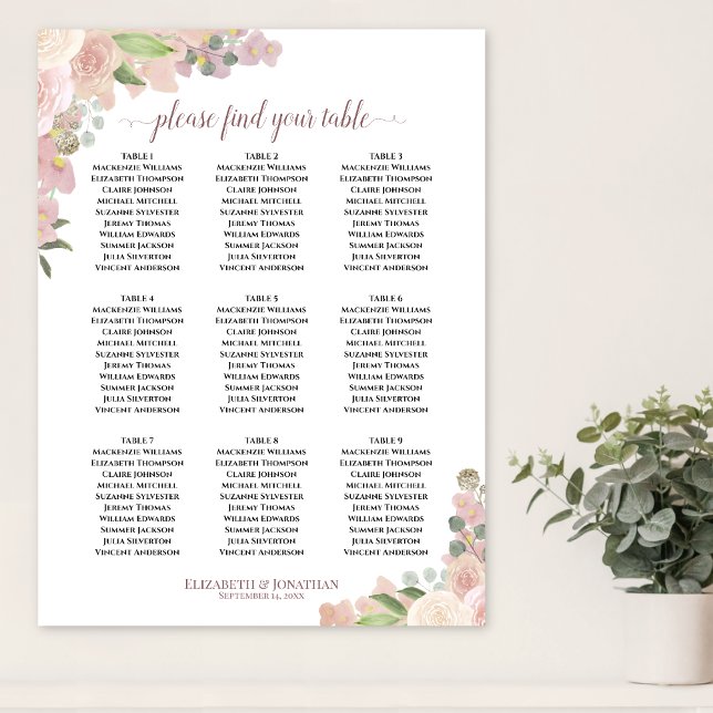 9 Table Rustic Pink Floral Wedding Seating Chart (In Situ on Wall)