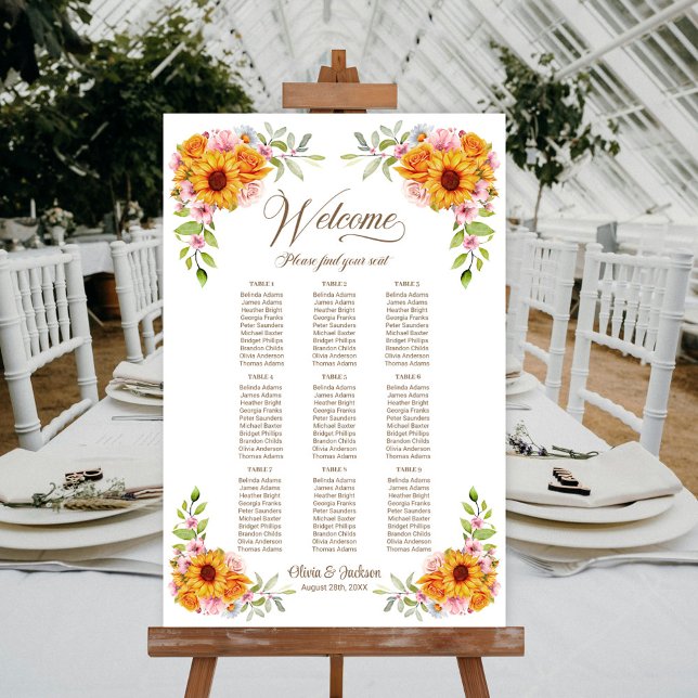 9 Table Sunflower Rose Wedding Seating Chart (Creator Uploaded)