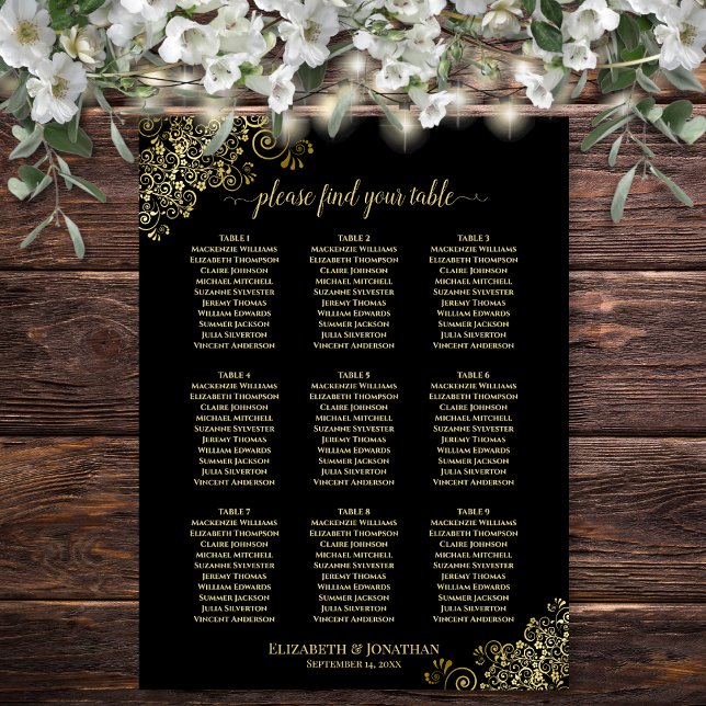 9 Table Wedding Seating Chart Black w/ Gold Frills (In Situ on Wall with Decorations)