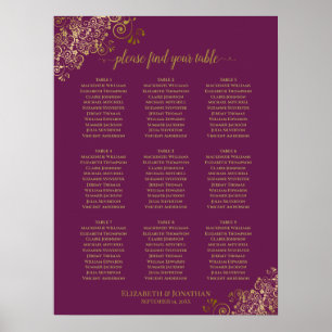 9 Table Wedding Seating Chart Cassis Purple & Gold