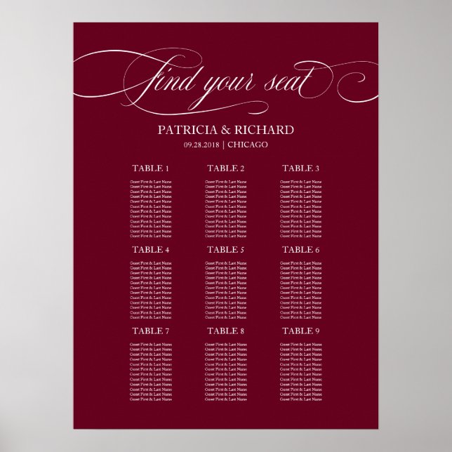 9 Tables Burgundy Marsala Wedding Seating Chart (Front)