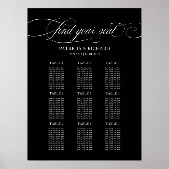 9 Tables Wedding Seating Chart Board Black (Front)