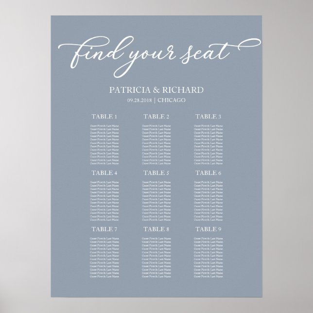 9 Tables Wedding Seating Chart Chic Dusty Blue (Front)