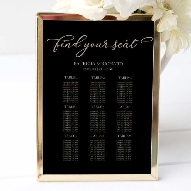 9 Tables Wedding Seating Chart Chic Gold Black (Creator Uploaded)