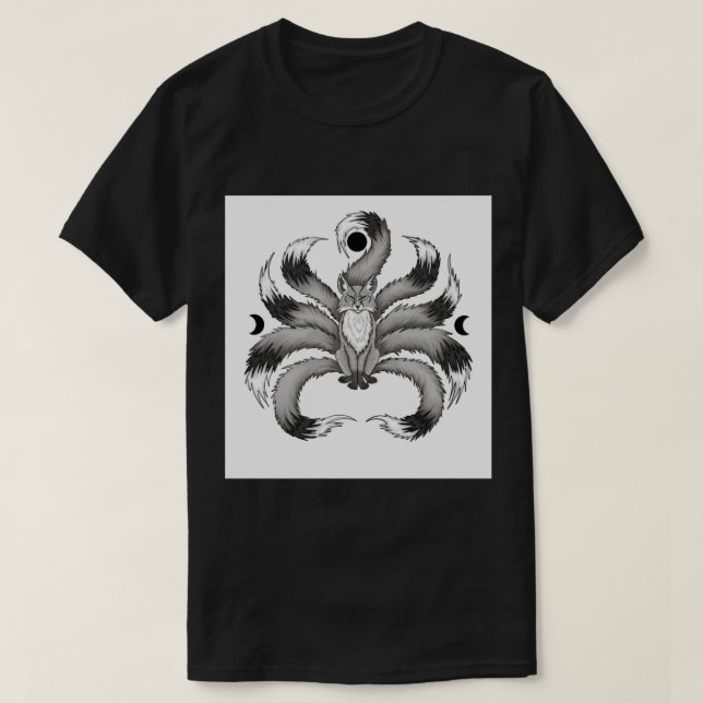 9 Tales Fox Guardian Black and White  T-Shirt (Design Front)