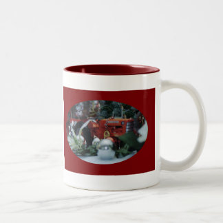 9 toy tractors at christmas Two-Tone coffee mug
