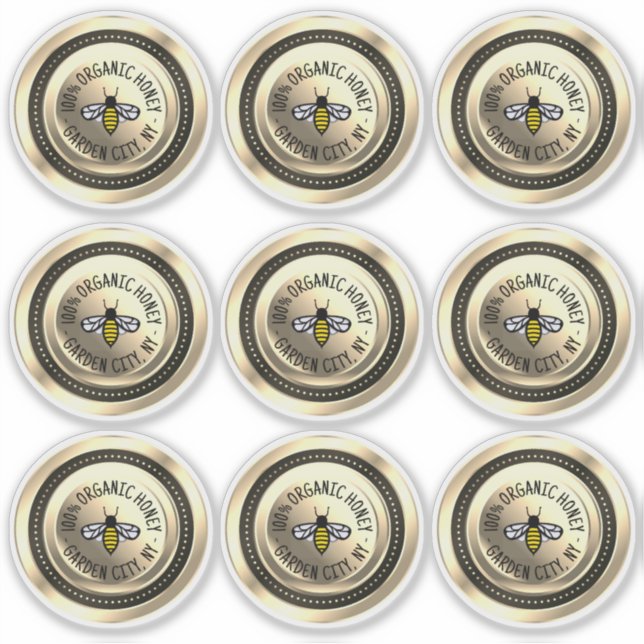 9 Waterproof Vinyl Honey Lid Labels Gold Bee (Front)
