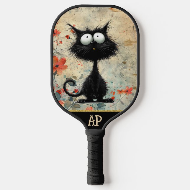 *~*  9 Whimsical Quirky Cat AP68 Floral  PHOTO Pickleball Paddle (Front)
