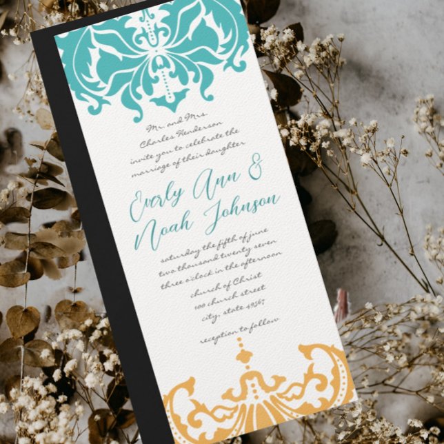 9 x 4 Spring Wedding Colors Floral Damask Invitation (Creator Uploaded)