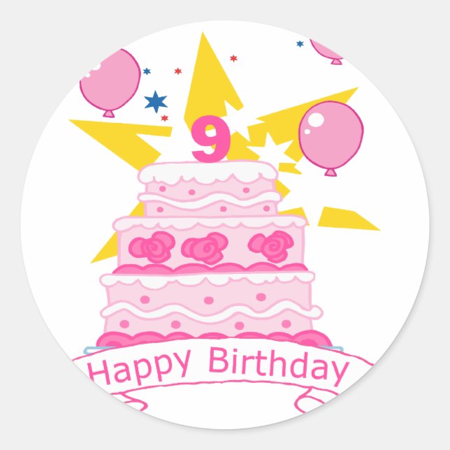 9 Year Old Birthday Cake Classic Round Sticker (Front)