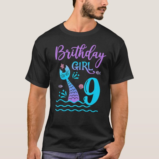 9 Year Old Mermaid Tail 9th Birthday Girl Daughter T-Shirt (Front)