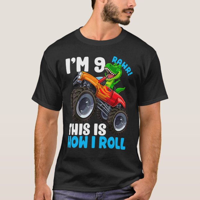 9 Year Old Rex Dinosaur Monster Truck 9th Birthday T-Shirt (Front)
