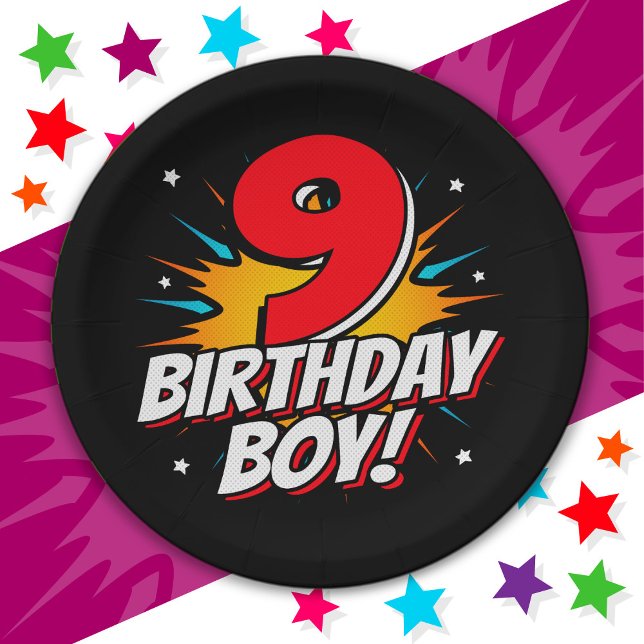 9 Year Old Superhero Birthday Boy 9th Birthday Paper Plate (Creator Uploaded)