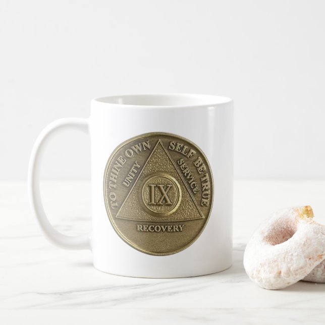 9  Year Sober Medallion Coin Happy Anniversary Coffee Mug (With Donut)