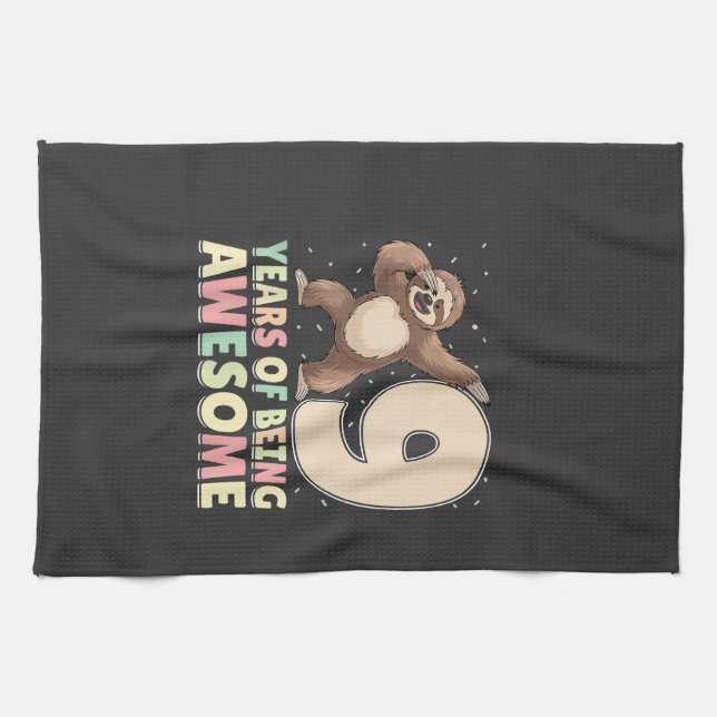9 Years Of Being Awesome Dabbing Sloth 9th Birthda Tea Towel (Horizontal)