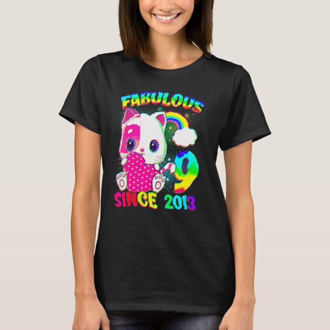 9 Years Old 9th Birthday Cute Cat Girl Fabulous Si T-Shirt (Front)
