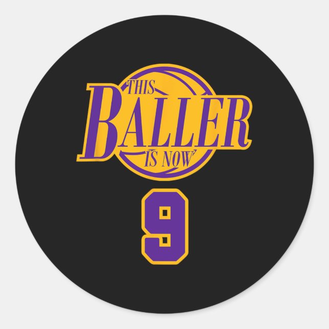 9 Years Old Birthday Basketball Baller Purple And  Classic Round Sticker (Front)