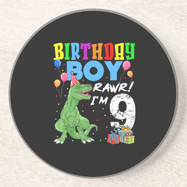 9 Years Old Birthday Boy T Rex Dinosaur Coaster (Front)
