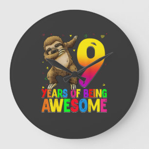 9 Years Old Birthday Sloth Dabbing 9th Birthday Sl Large Clock
