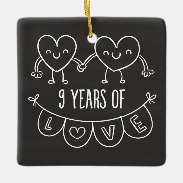 9th Anniversary Gift Chalk Hearts Ceramic Ornament (Front)