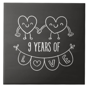 9th Anniversary Gift Chalk Hearts Ceramic Tile