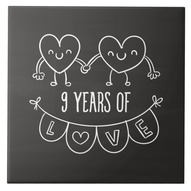 9th Anniversary Gift Chalk Hearts Ceramic Tile (Front)