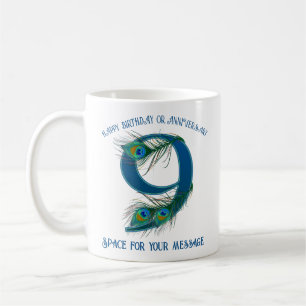 9th Anniversary Peacock Feather Customizable Coffee Mug