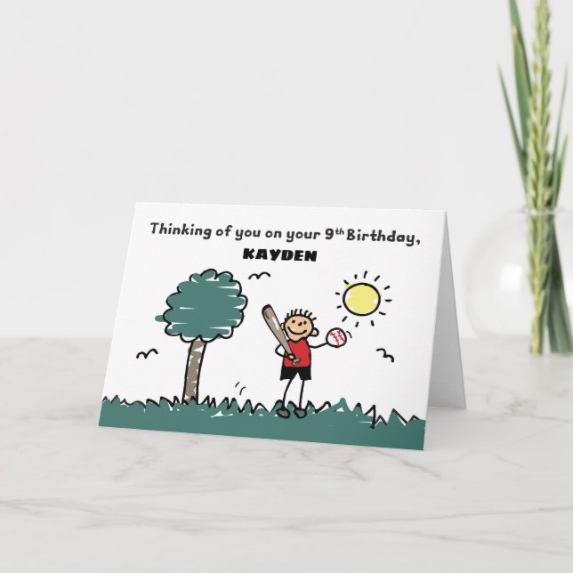9th Baseball Birthday Custom Name Stick Figure Card (Front)