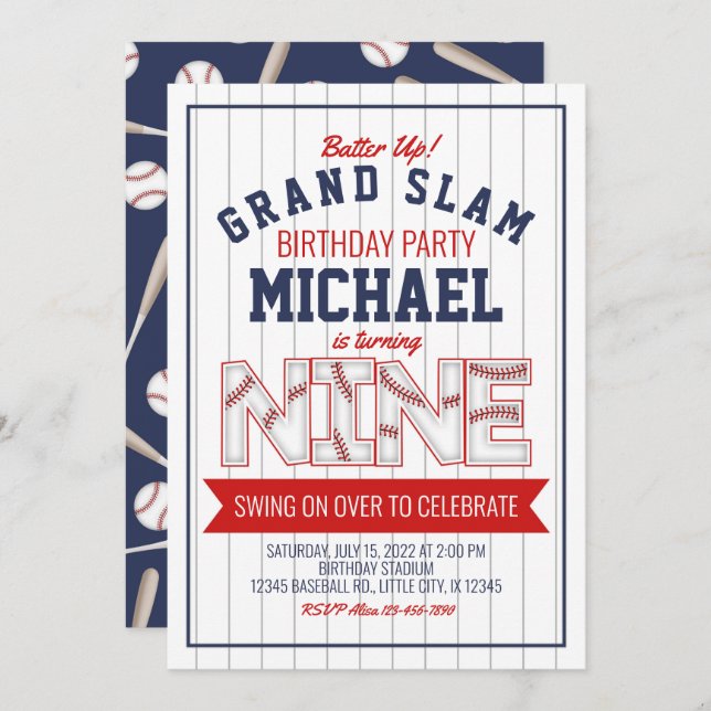 9th Baseball Birthday Invitation (Front/Back)