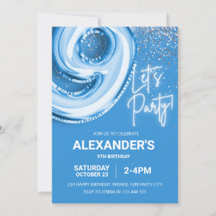 9th Birthday Balloon Boy Blue Neon  Invitation