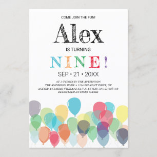 9th Birthday Balloons Party Invitation