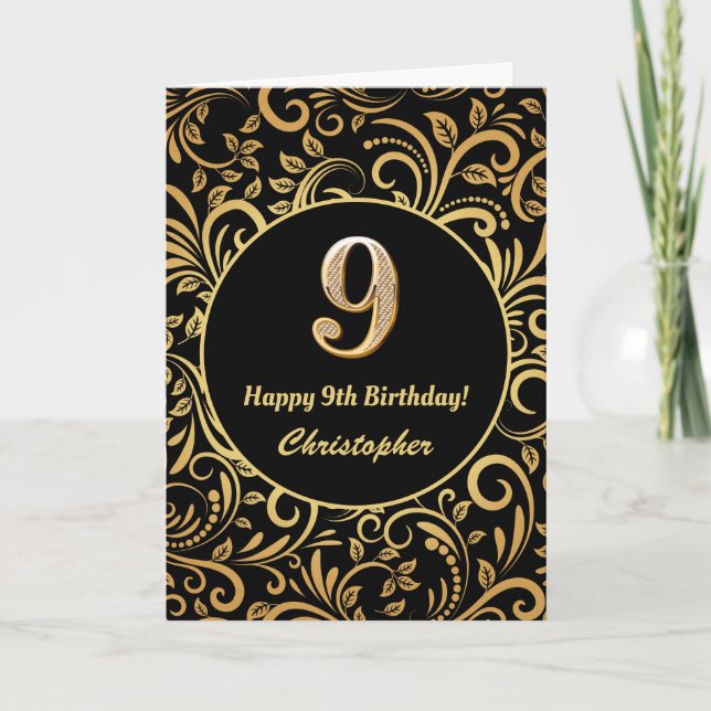 9th Birthday Black and Gold Floral Pattern Card (Front)