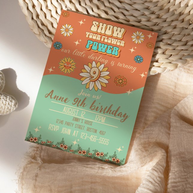 9th birthday bohemian groovy style retro invitation (Creator Uploaded)