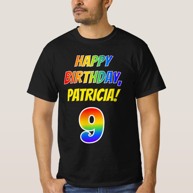 9th Birthday — Bold, Fun, Rainbow 9, Custom Name T-Shirt (Front)