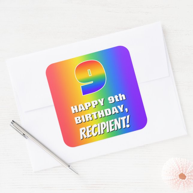9th Birthday: Colourful, Fun Rainbow Pattern # 9 Square Sticker (Envelope)