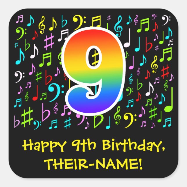 9th Birthday: Colourful Music Symbols, Rainbow 9 Square Sticker (Front)