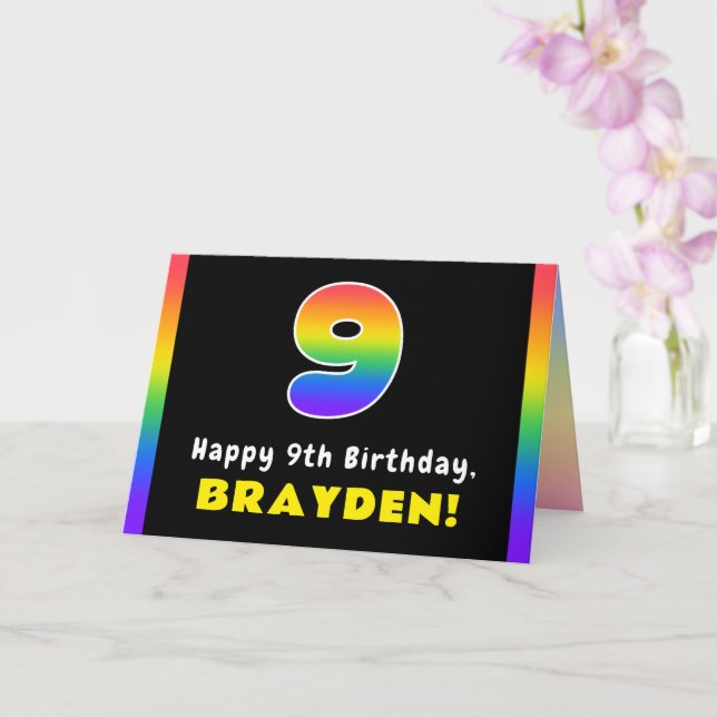 9th Birthday: Colourful Rainbow # 9, Custom Name Card (Orchid)
