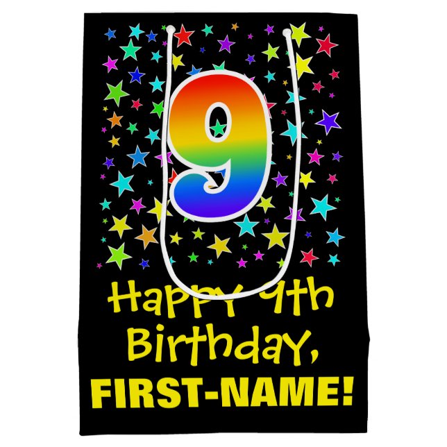 9th Birthday: Colourful Stars Pattern & Rainbow 9 Medium Gift Bag (Back)