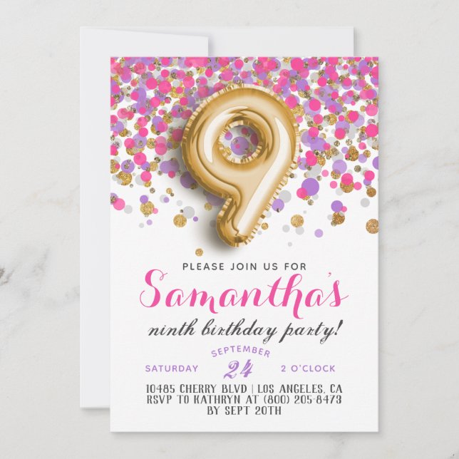 9th Birthday Confetti Invitation (Front)