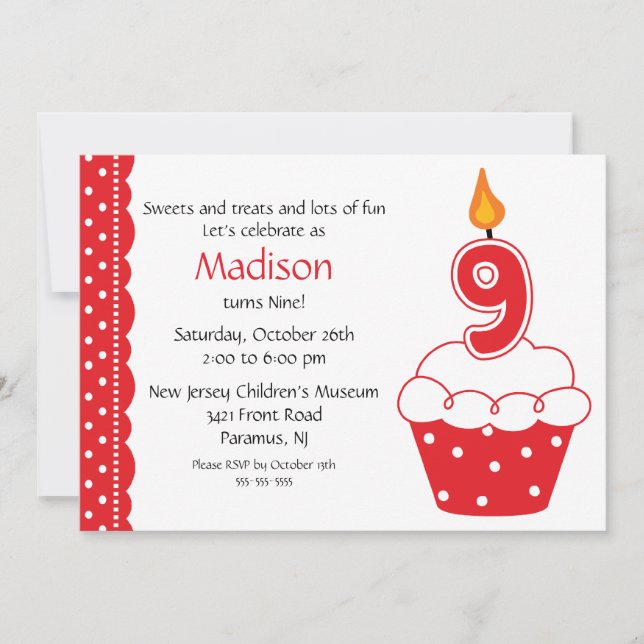 9th Birthday Cupcake Invitation (Front)