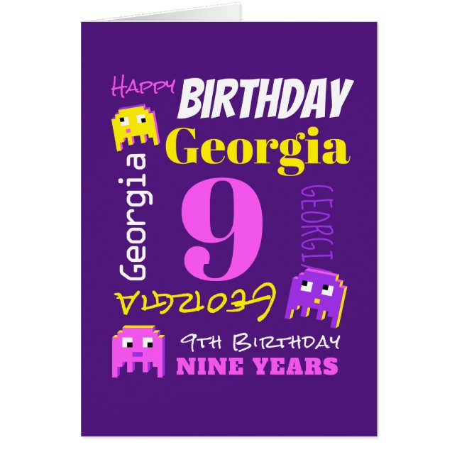 9th birthday custom name yellow pink pixel game (Front)