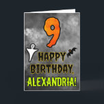 9th Birthday: Eerie Halloween Theme   Custom Name Card<br><div class="desc">The front of this spooky and scary Hallowe’en themed birthday greeting card design features a large number “9” and the message “HAPPY BIRTHDAY, ”, plus a custom name. There are also depictions of a bat and a ghost on the front. The inside features a custom birthday greeting message, or could...</div>
