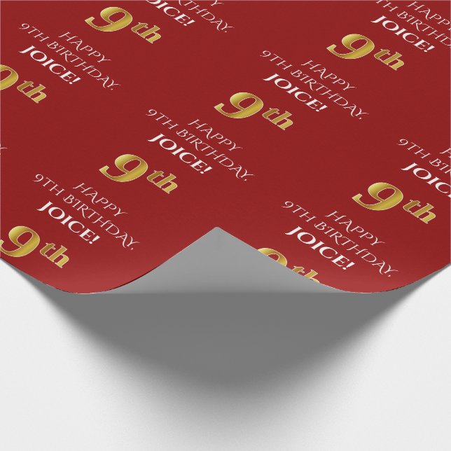 9th Birthday: Elegant, Red, Faux Gold Look Wrapping Paper (Corner)