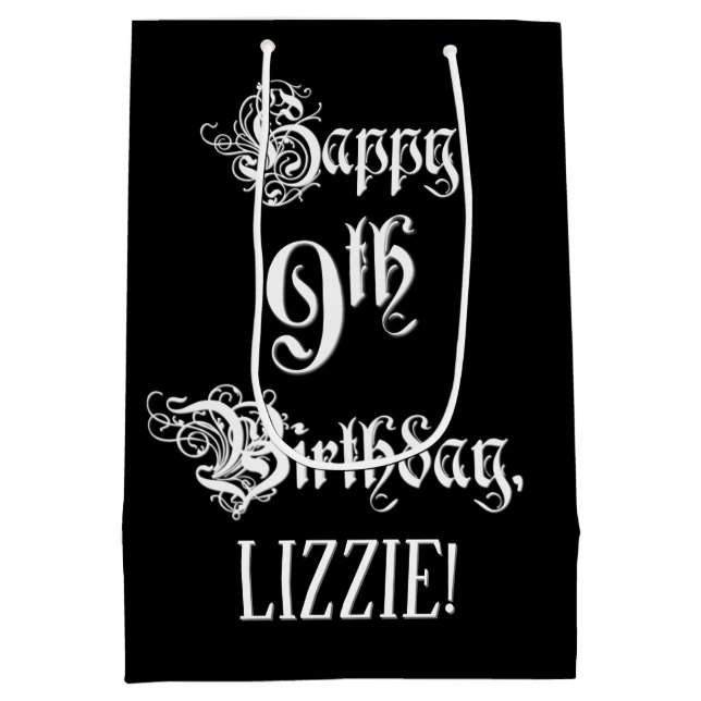 9th Birthday: Fancy, Elegant Script + Custom Name Medium Gift Bag (Back)